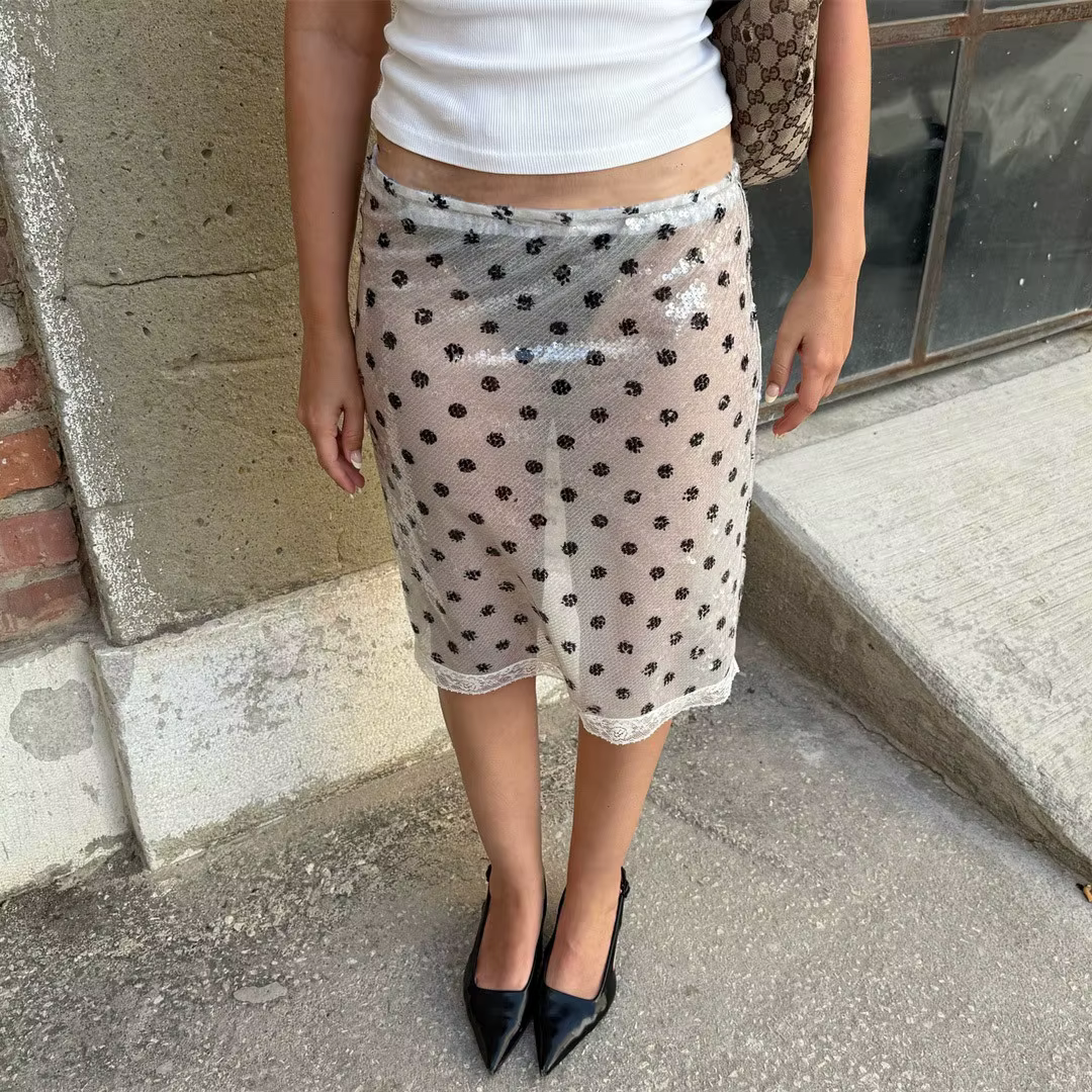 Jupe mi-longue à paillettes garniture en dentelle polyester velours pour femmes junior mode été soirée festival style Y2K streetwear