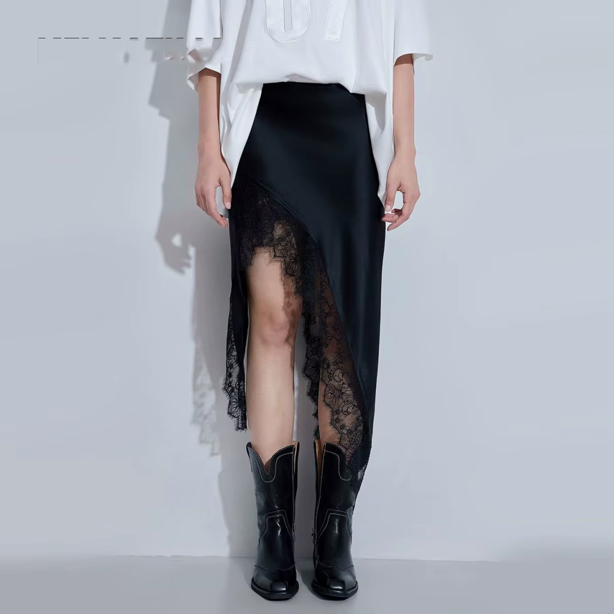 Été noir Satin Jupe Midi femmes dentelle Patchwork