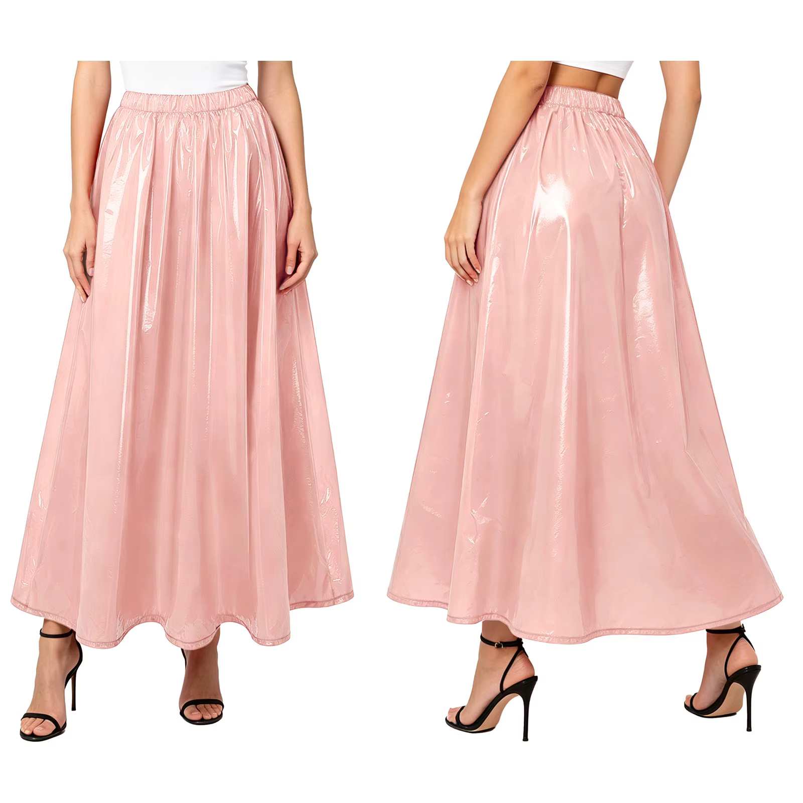 Jupe longue brillante imperméable pour femme à taille haute élastique