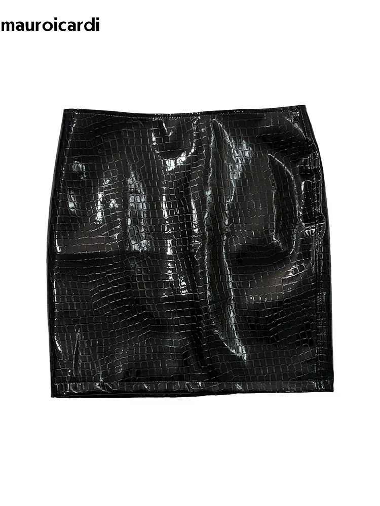 Mini jupe courte en cuir Pu pour femmes, imprimé Crocodile noir réfléchissant brillant, taille haute, vêtements de luxe élégants, automne 2025