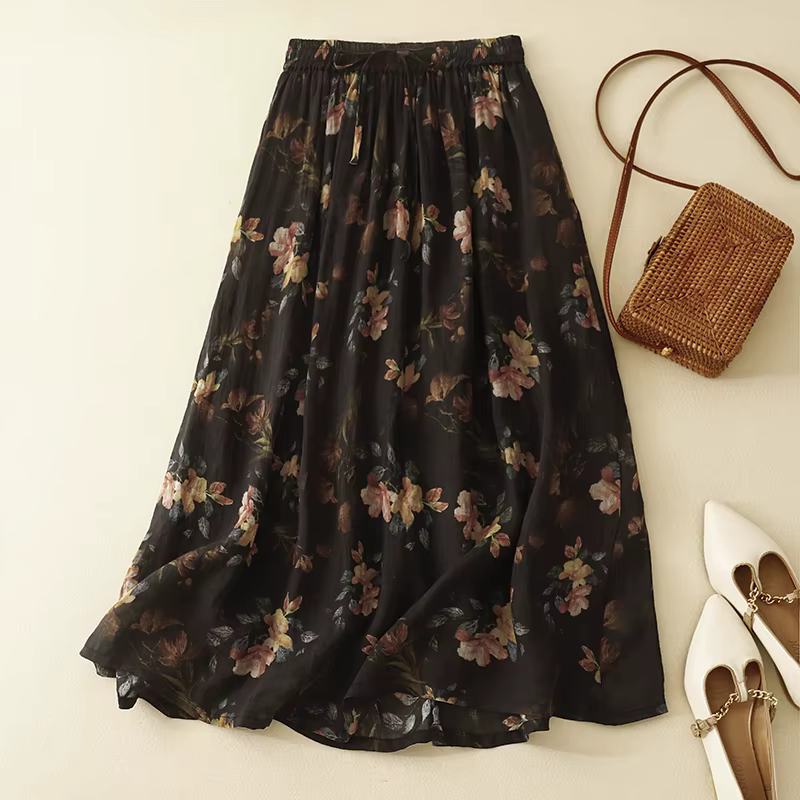 Jupe taille haute imprimée double couche en coton et lin pour femmes