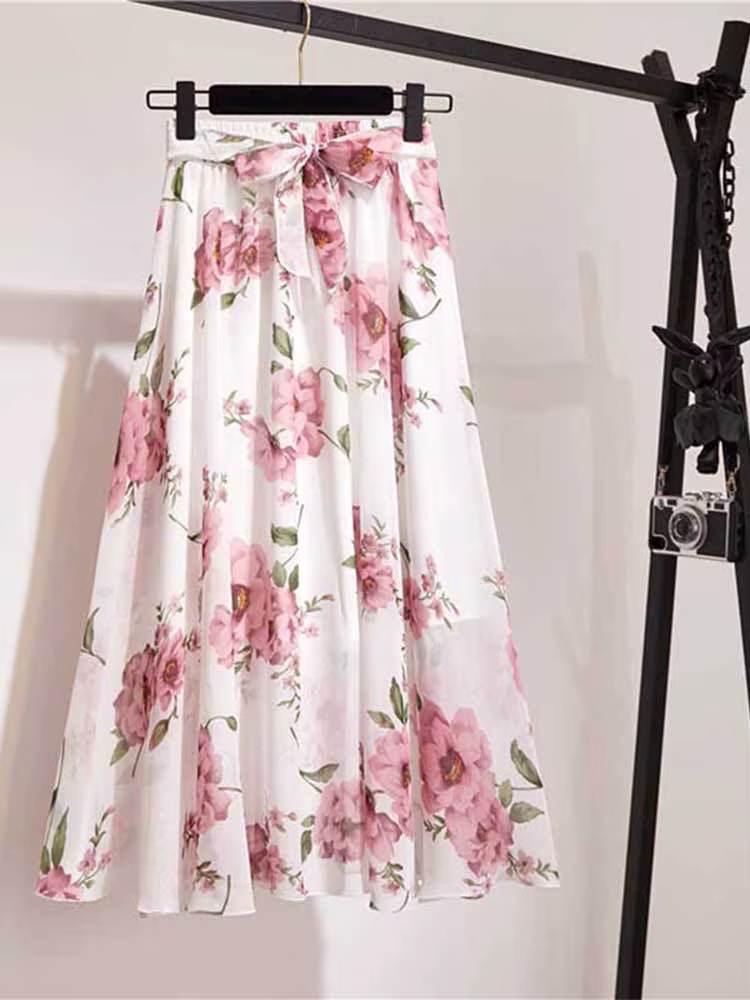 Jupe longue femmes pour printemps été dame Style coréen blanc noir en mousseline de soie soleil école taille haute