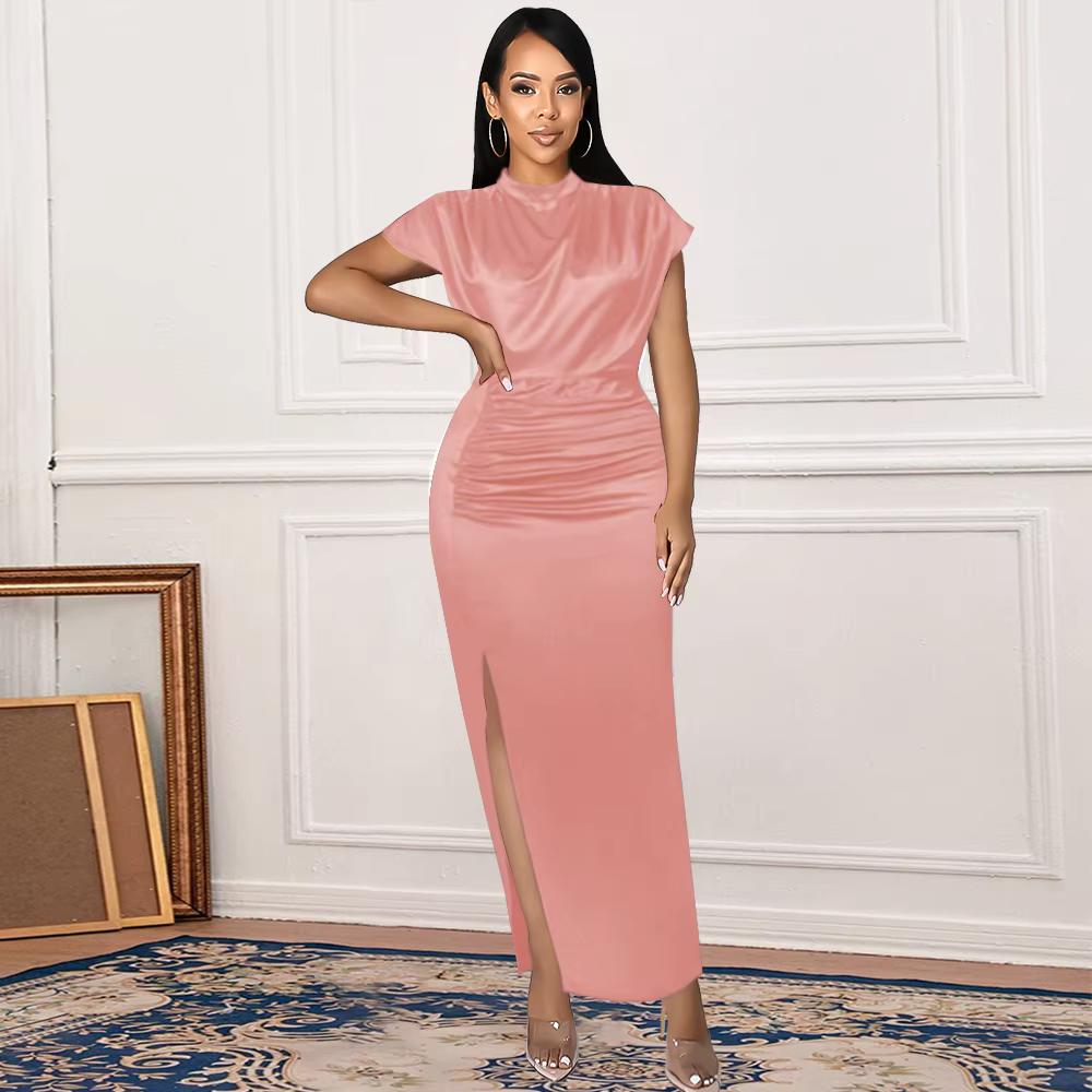 Robe Longue Plissée en Satin Vert Bordeaux pour Femme