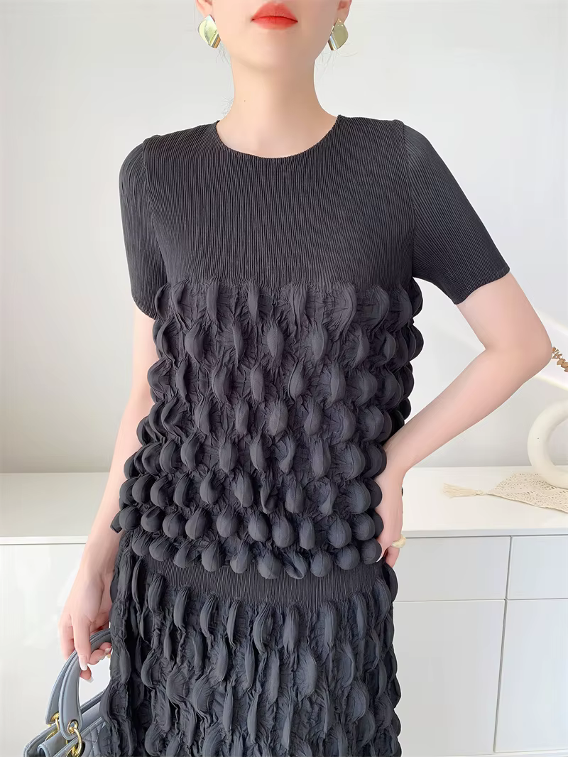 Ensemble Miyake Jupe à Bulles Pliée à la Main Haut à Manches Courtes Style Bohème Nouvelle Collection Printemps Été 2025 Occasions Spéciales Femmes