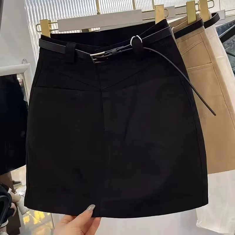 Jupe en jean kaki mini courte coupe trapèze anti-transparence pour femmes avec poches décoratives pour été et occasions décontractées
