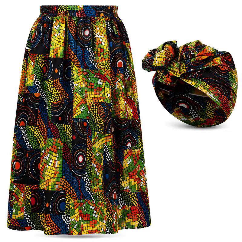 Ensemble jupe longue et foulard africain Ankara pour femme, style bohème traditionnel, 2 pièces, idéal pour les vacances d'été et les soirées