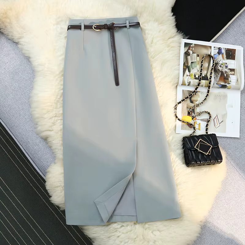 Jupes mi-longues pour femmes vintage, couleur unie, fendue sur le devant, taille haute, polyesters-coton, nouvelles collections printemps été 2024, bureau, ligne a