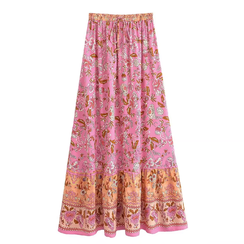 2025 BOHO rose contraste imprimé fleuri Maxi jupe longue épissé à volants ourlet Hippie femmes boule gland nœud taille balançoire jupes vacances