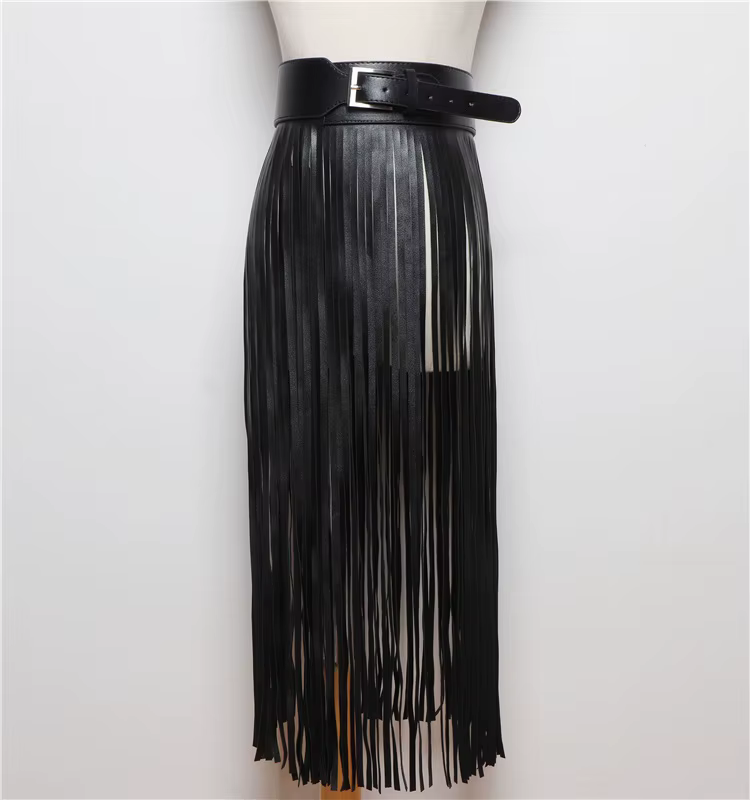 LANMREM bases jupe en cuir PU femmes ceinture couleur noire haute rue décoration pleine glands jupes femme nouvelle mode 2DC1326