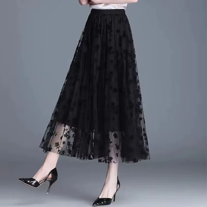 Jupe en gaze jupe demi-fée florale printemps et été nouvelle jupe trapèze plissée dans la longue jupe en gaze fine taille haute