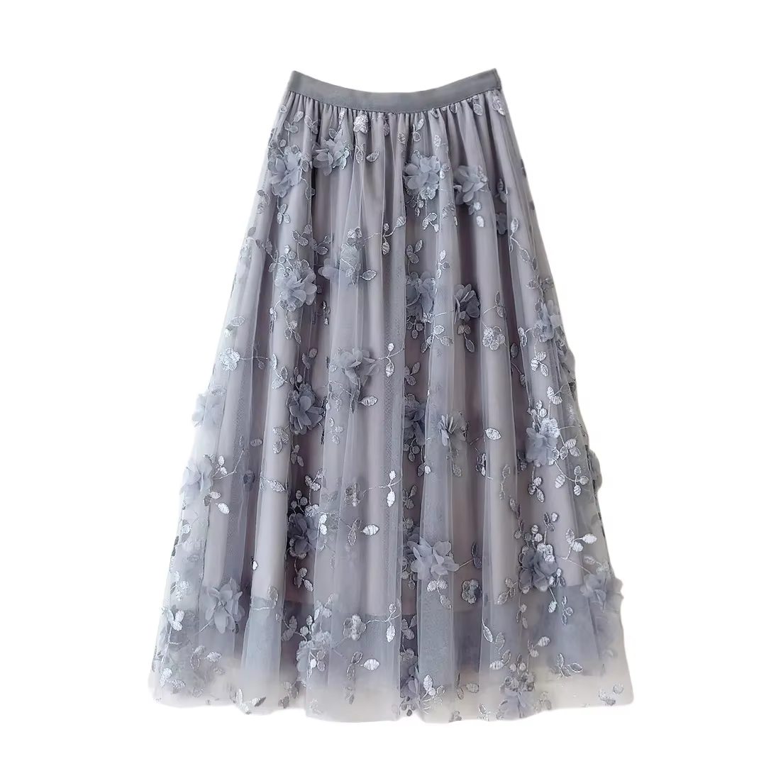 Jupe mi-longue en tulle taille haute brodée de fleurs 3D pour femmes style coréen élégante printemps été nouveau
