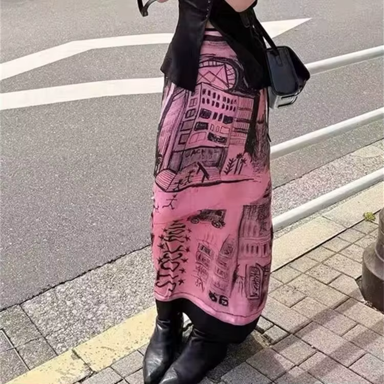 Aoaiiys jupe coréenne femmes Graffiti imprimé motif rose jupes 2026 mode taille haute fente coupe a-ligne