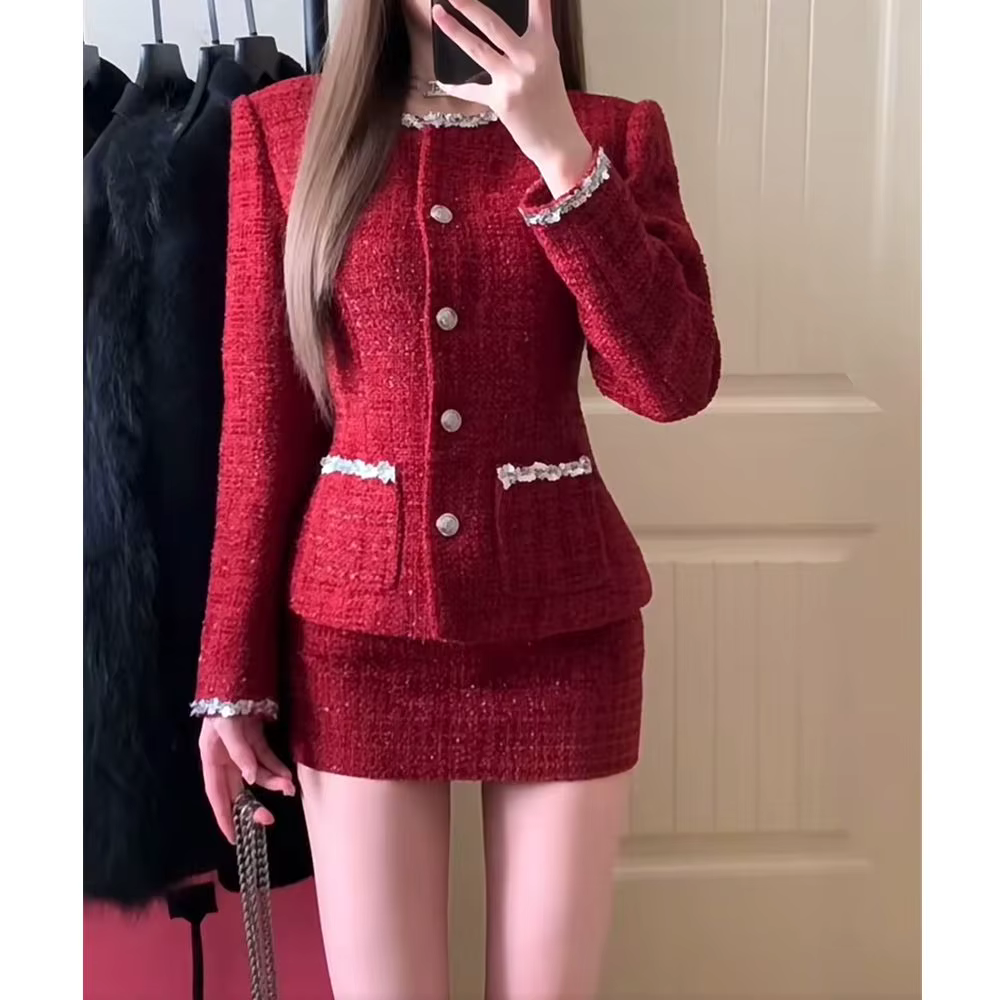 Ensemble deux pièces en Tweed rouge pour femmes, avec blazer et jupe, détails en dentelle et boutons, ensemble de mode Chic pour événements formels décontractés