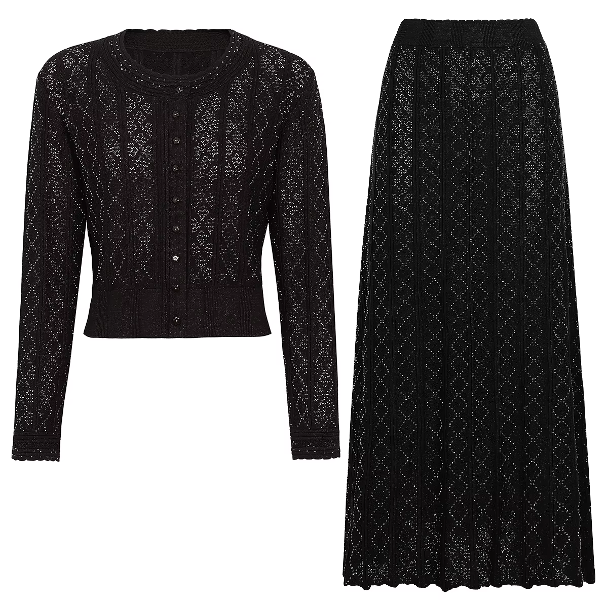 2661 Nouvelle Jupe Mi-longue Femme de Luxe en Tricot Élastique, Style Féminin, Manches Longues, Ornée de Strass, Coupe Ajustée, Grande Ampleur, Détails Creux