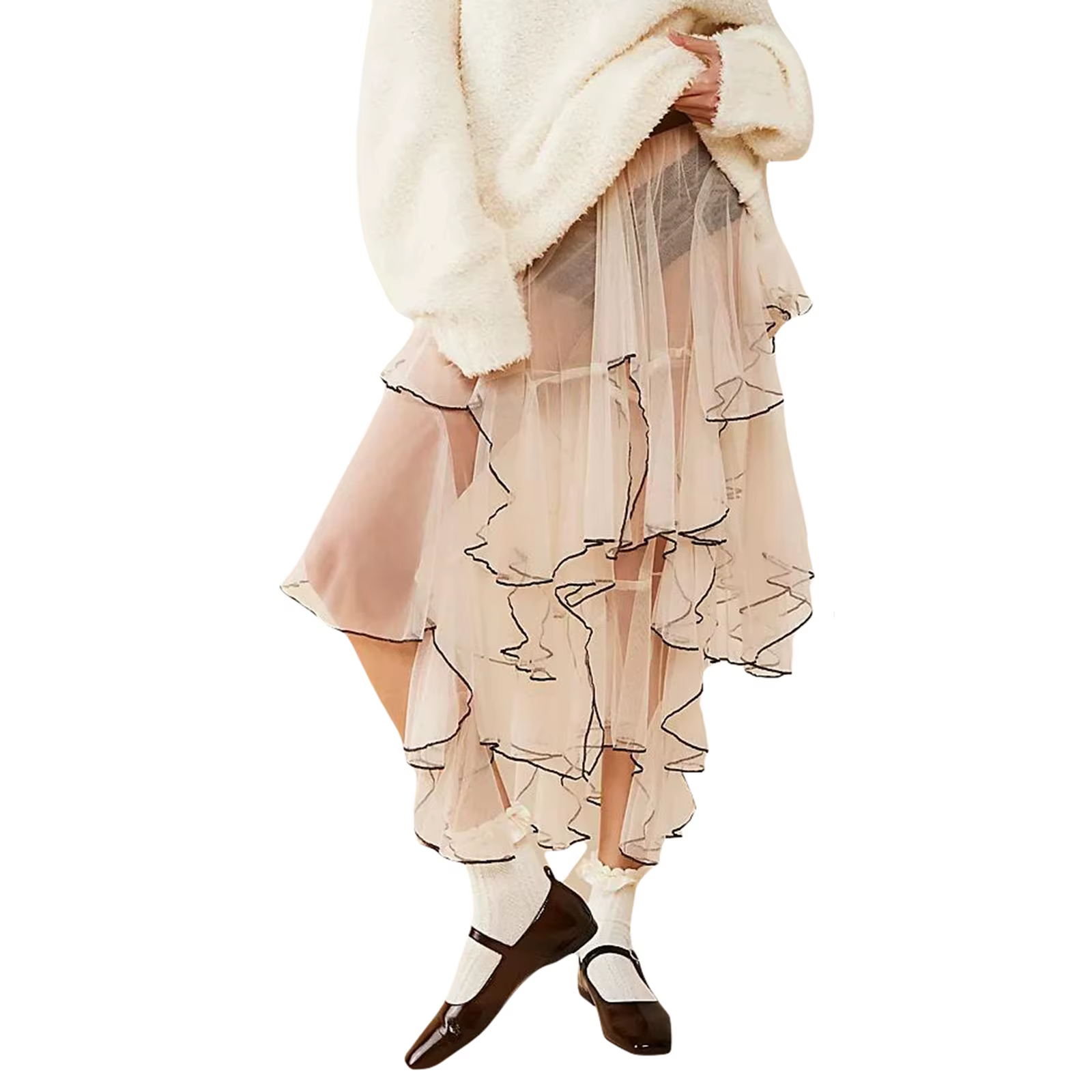 Jupe en tulle transparent asymétrique à volants pour femmes, style décontracté, pour vacances, plage, club, streetwear et soirées d'été