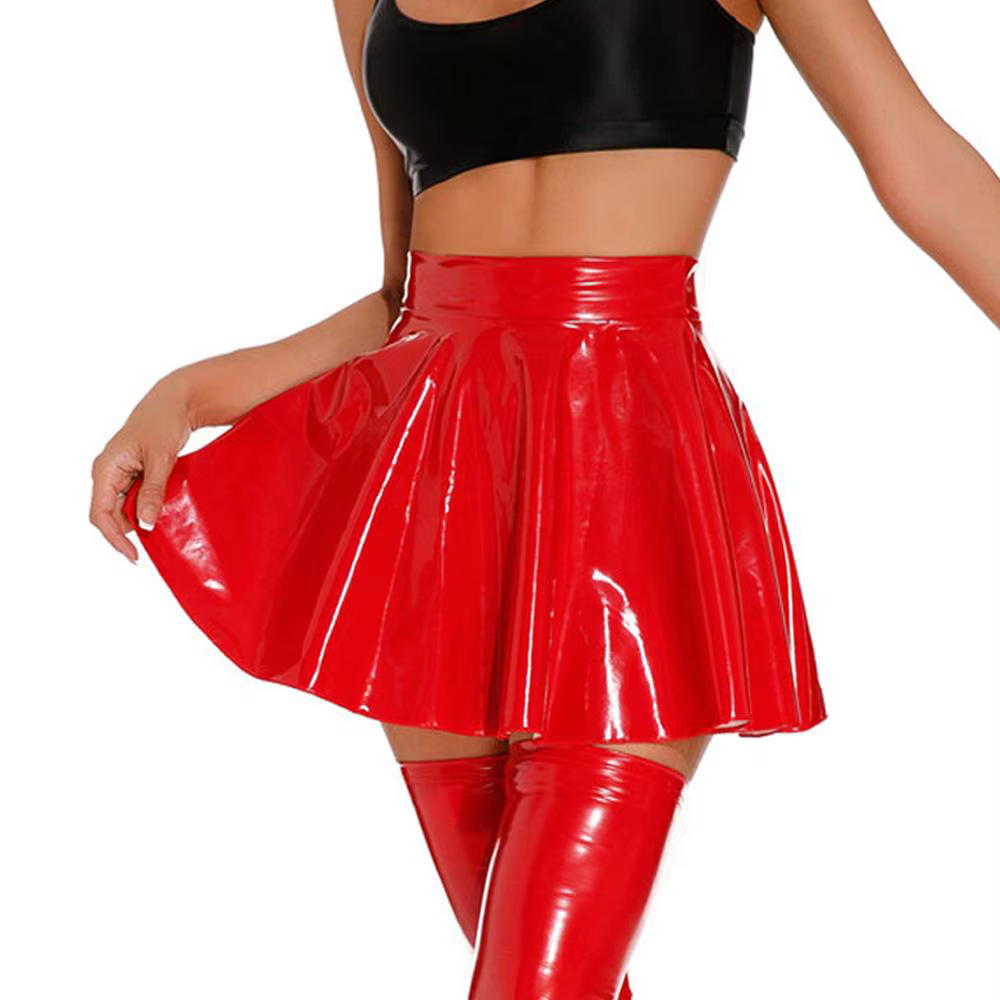 Jupe plissée évasée brillante à l'huile pour femmes, Sexy, look mouillé, Faux cuir PU, MINI jupe à volants, vêtements de scène en Club, vêtements de danse