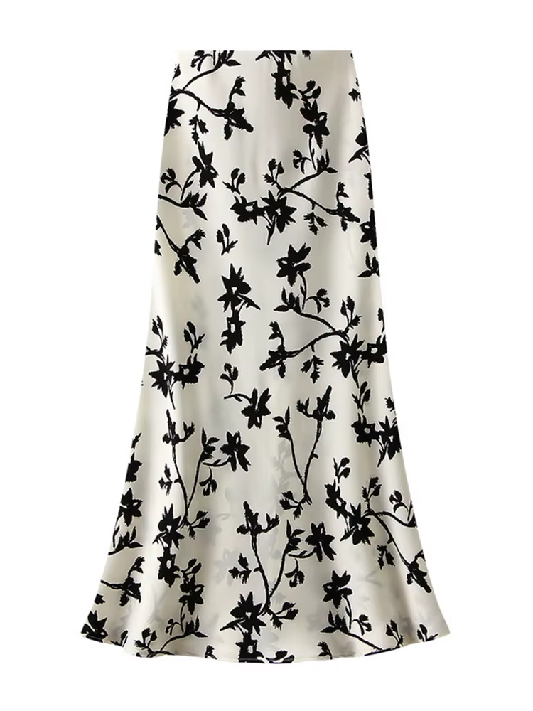 Vintage imprimé jupes femmes longue une ligne Satin