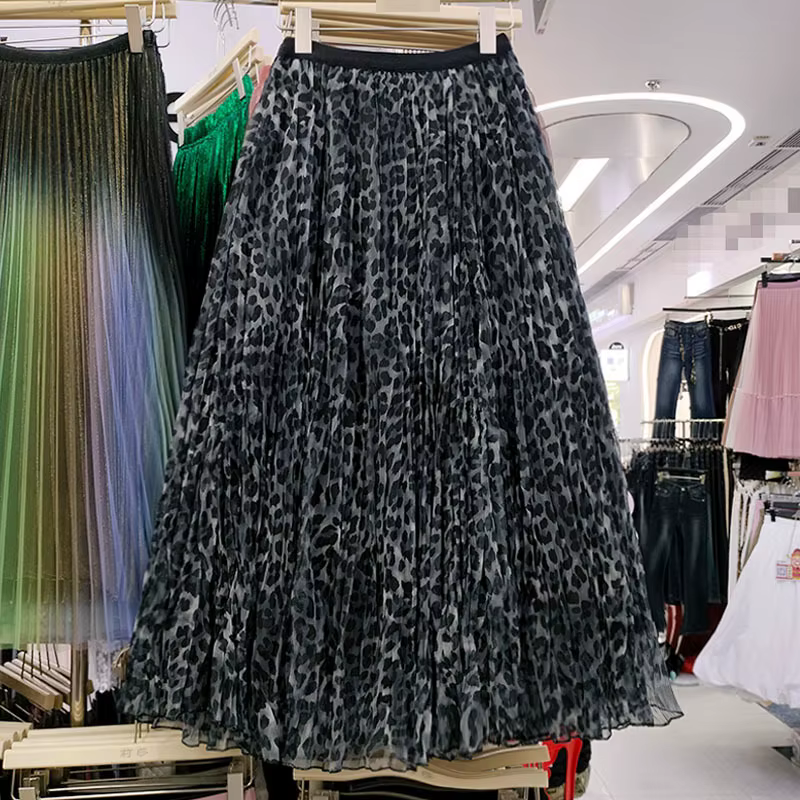 Jupe en tulle à imprimé léopard tendance, jupe plissée mi-longue taille haute, jupes mi-longues pour femmes, nouvelle arrivée automne-hiver