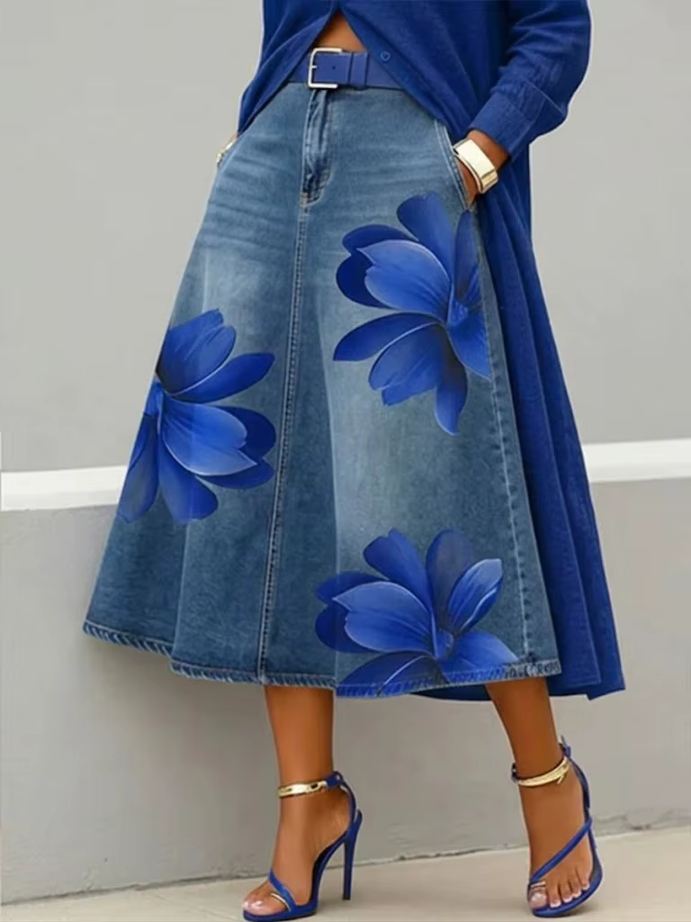Jupes en jean pour femmes, mi-longues, coupe trapèze, imprimé floral, poches, élégantes, style Y2K, streetwear, décontractées, pour le travail, la plage, délavées, été