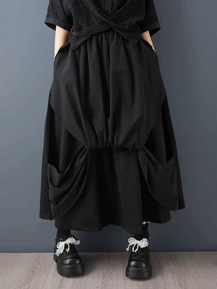 Jupe longue décontractée noire vintage à taille haute avec empiècements plissés pour femme, grande taille, nouvelle collection printemps-été-automne 2026