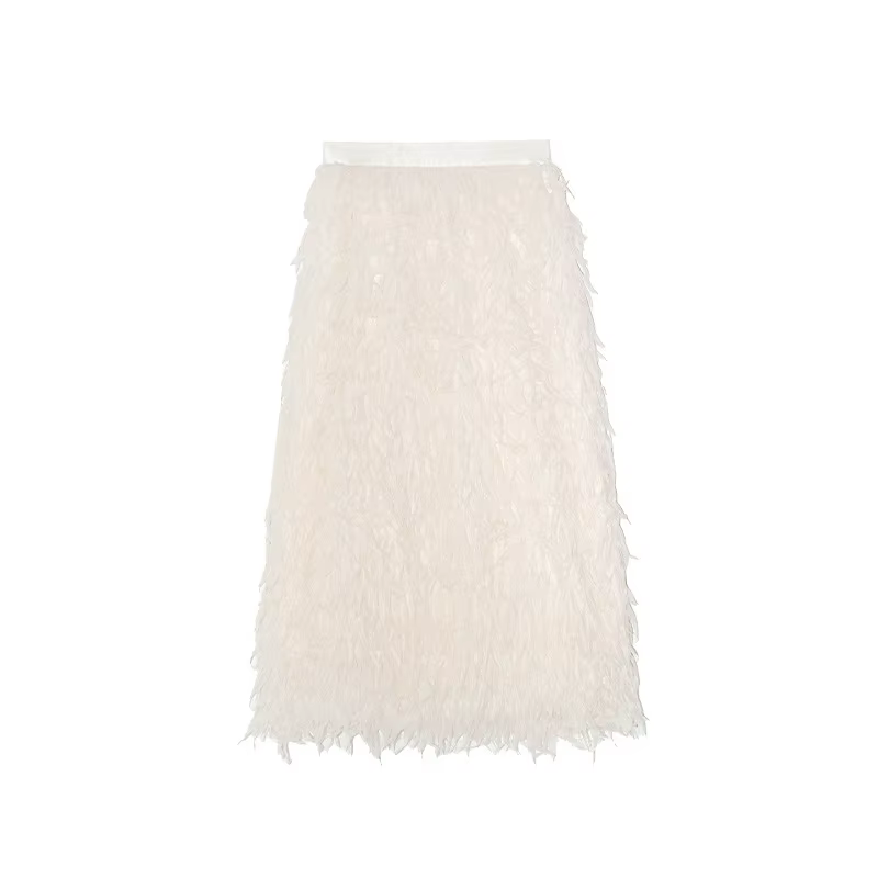 Jupe féerique élégante coupe droite amincissante avec franges en plumes, jupe midi pour femme, style frais et doux, couleur unie, polyester, hiver