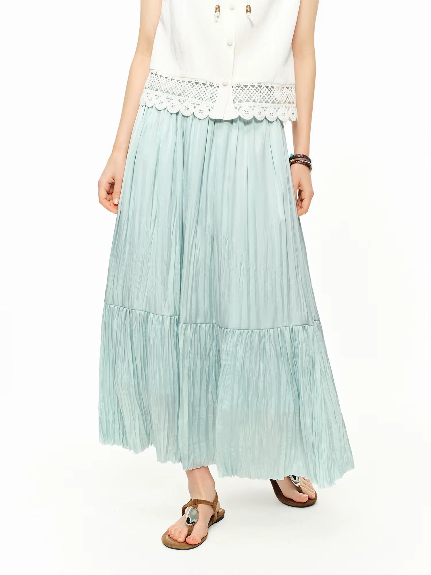 DUSHU 2026 Nouvelle jupe plissée mi-longue évasée pour femme, jupe fluide en mousseline à volants taille haute pour un style coquette et luxe discret