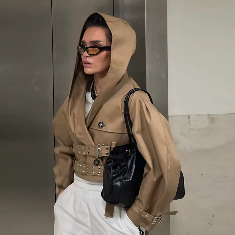 Veste courte à capuche avec Double ceinture pour femme