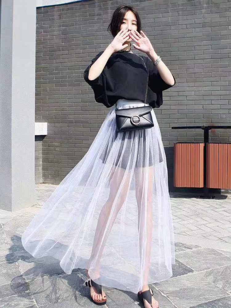 Jupe longue en dentelle pour femmes, noire et blanche, décontractée, taille basse, style bohème, sexy, transparente, maxi, été, 2024 ```