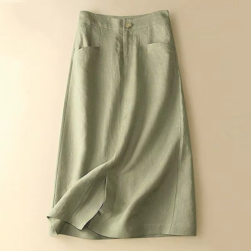 Jupe en lin mi-longue style artistique rétro décontractée pour mode printemps été jeunes adultes branchées