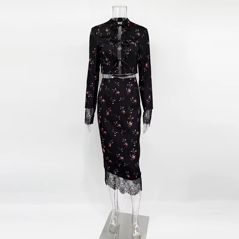 Ensemble jupe imprimée 2 pièces pour femmes, élégant, dentelle florale, à lacets, manches longues, Cardigan, jupe longue Sexy, tenues en Satin