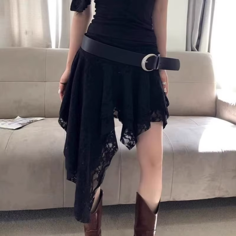 Jupe mi-longue en dentelle superposée de Style français avec ourlet asymétrique