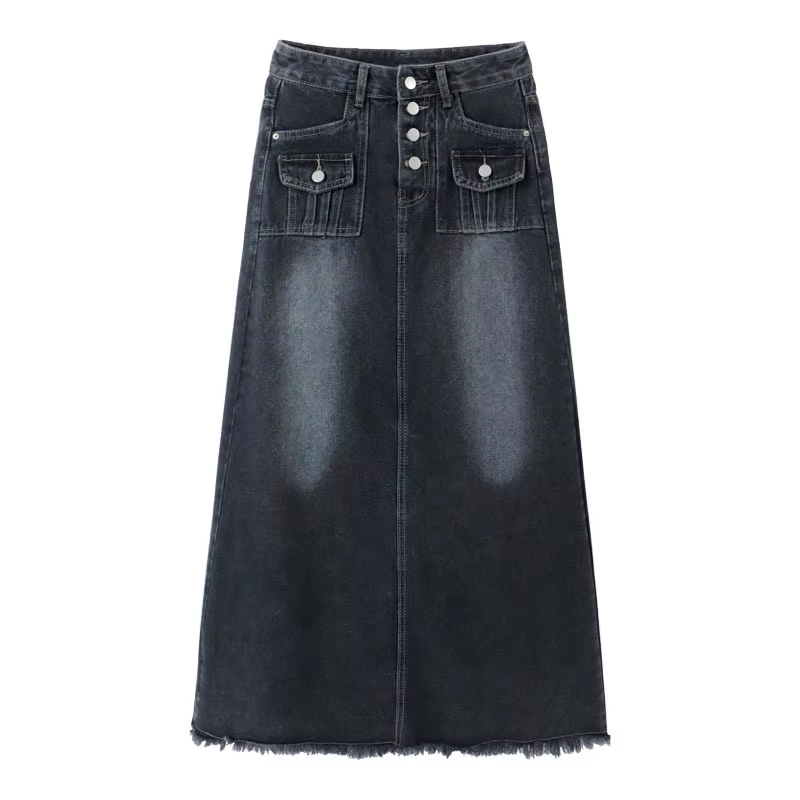 Jupe mi-longue en jean taille haute coupe trapèze pour femme