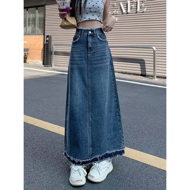 Jupe trapèze taille haute décontractée pour femmes, jupes en denim, style de rue, bord rugueux, version coréenne, tempérament rétro, été