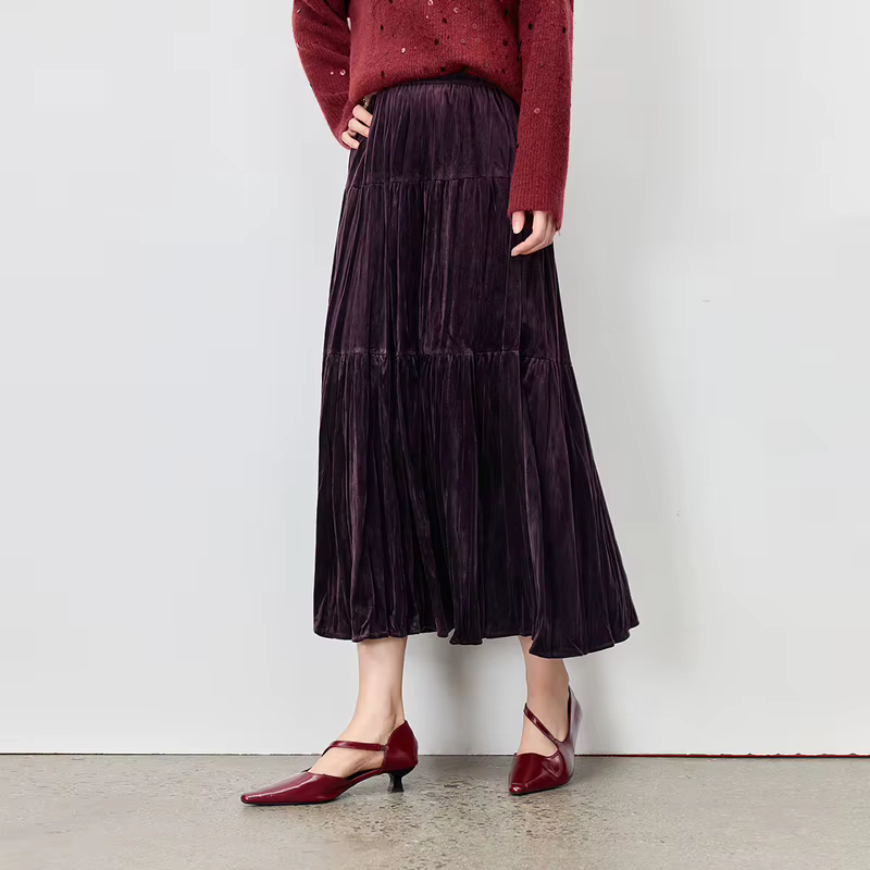 Jupe en velours Sentubila pour femme, élégante jupe à volants, automne-hiver 2026, polyester doux, taille élastique, design moderne, coupe ample trapèze, idéale pour le bureau et les soirées chic