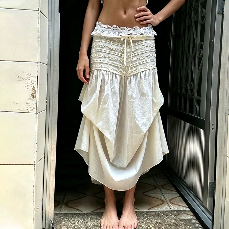 Jupe longue bohème pour femmes, broderie en dentelle, taille corset avec cordon de serrage, jupe à volants irréguliers, jupe maxi vintage décontractée pour femmes, couleur unie.