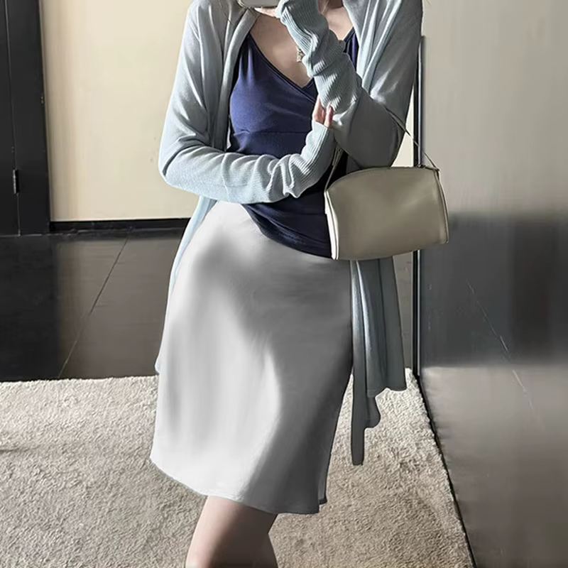 Jupe midi élégante en satin lisse pour femme, coupe trompette, taille élastique, idéale pour l'été