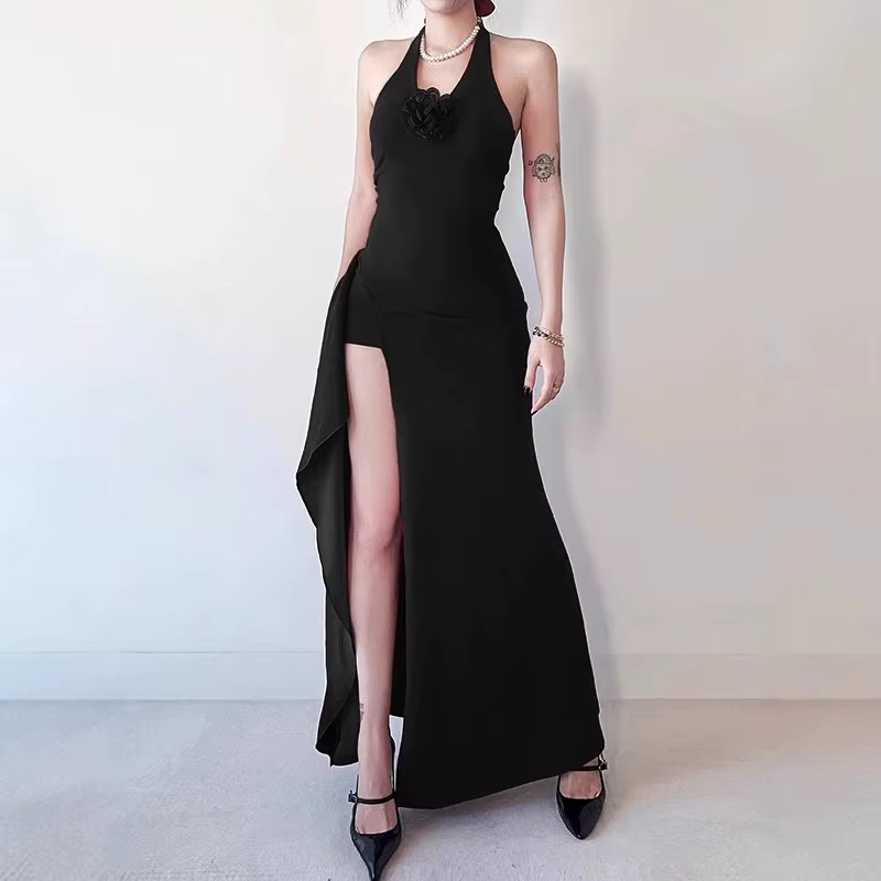 Robe à col suspendu polyester cintrée pour femmes longueur cheville occasions professionnelles et sociales