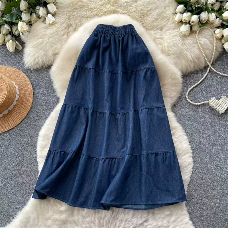 Jupe longue en jean décontractée avec volants superposés pour femme style vintage pour plage et quotidien