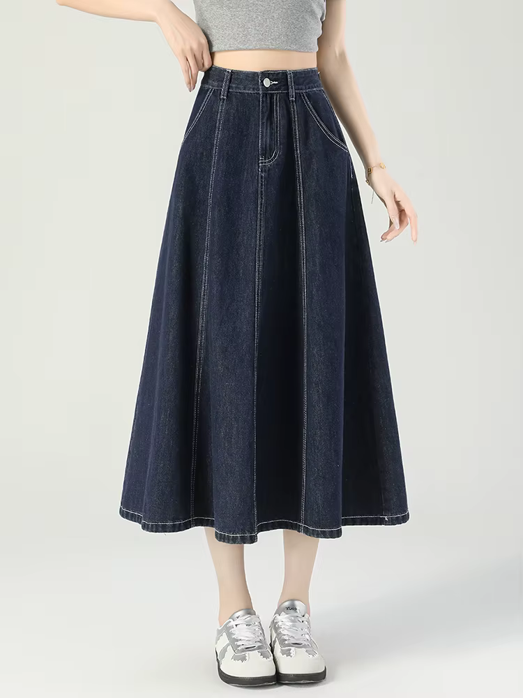 GUUZYUVIZ bleu profond taille haute Vintage a-ligne Denim Midi jupes femmes mode coréenne décontracté épissure lavage jean jupe femme