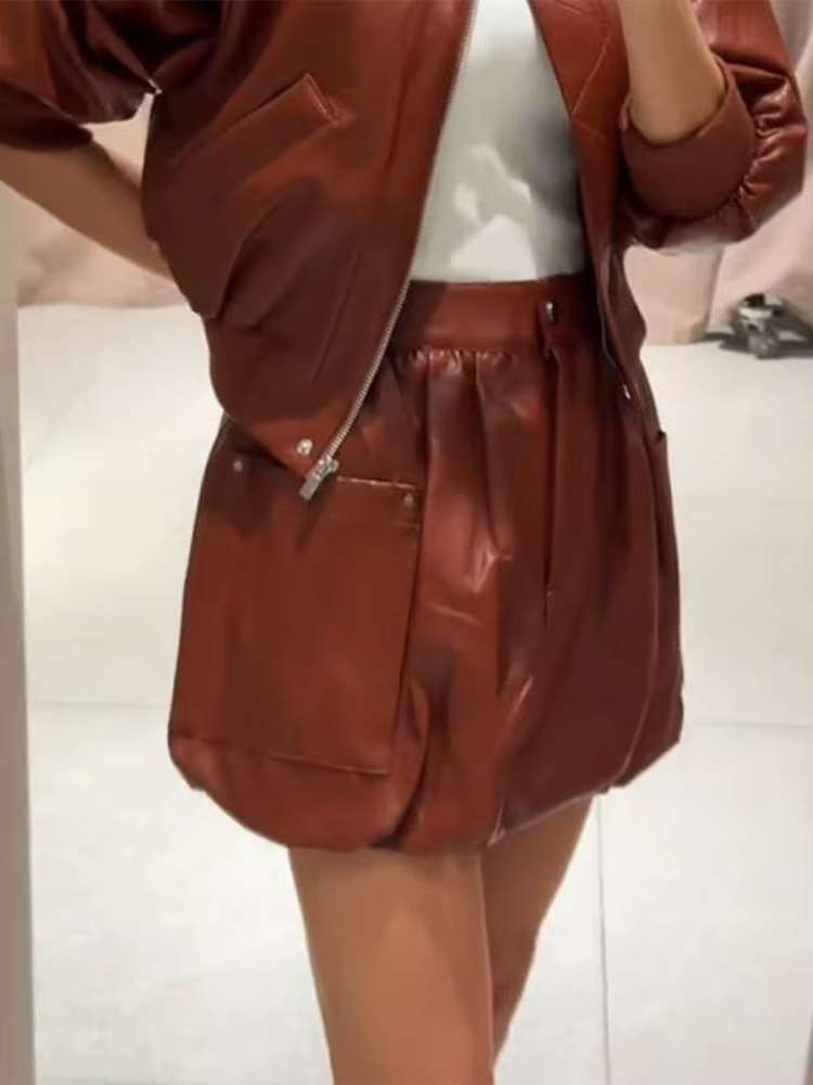 Ensembles Jupe-Culotte Femme en Similicuir avec Veste à Épaulettes et Mini-Jupes – Nouveauté Printemps – Manteaux Amples à Manches Longues Chic pour Soirées