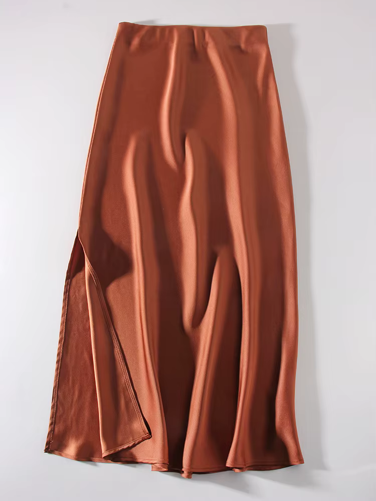 Femmes été Beige jupes longues tendances 2025 taille haute Maxi jupe d'été rayonne soie crayon côté fente Satin