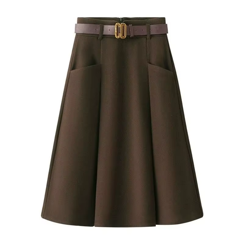 Femmes mode laine mi-longue jupes 2025 dame a-ligne grand parapluie jupe printemps automne Femme taille haute plissée