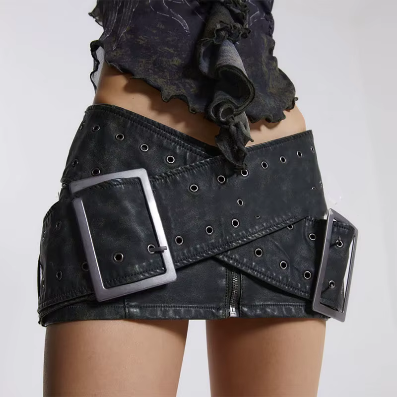 KUCLUT mode usé ceinture croisée en cuir taille basse Mini jupe pour les femmes polyvalent Style de moto enveloppé jupes de hanche 1A568
