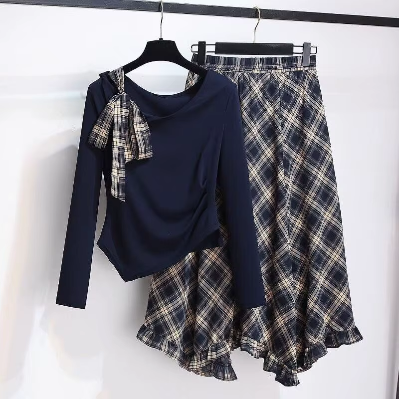 Ensemble jupe mi-longue en mousseline à carreaux tendance avec manches longues asymétriques pour femmes, printemps été automne, élégance et polyvalence