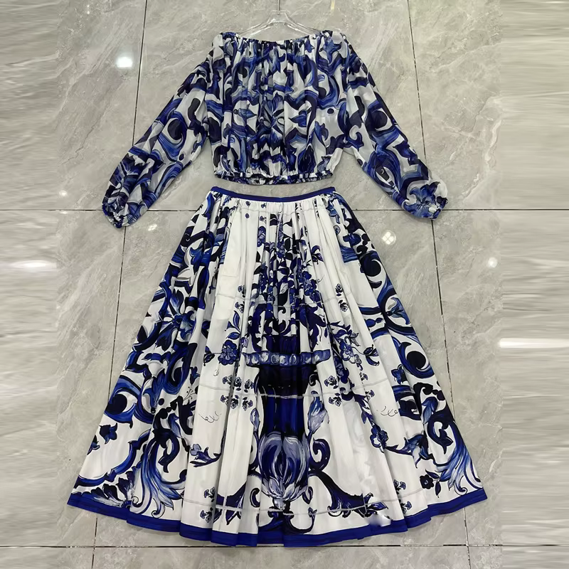 Boho 2 pièces ensemble femmes été 2025 bleu porcelaine imprimé haut et coton jupe Maxi concepteur plage vacances tenue