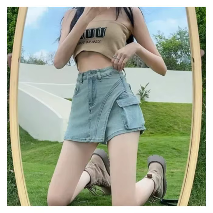 Jupe-culotte en jean taille haute amincissante style rétro sexy pour femme