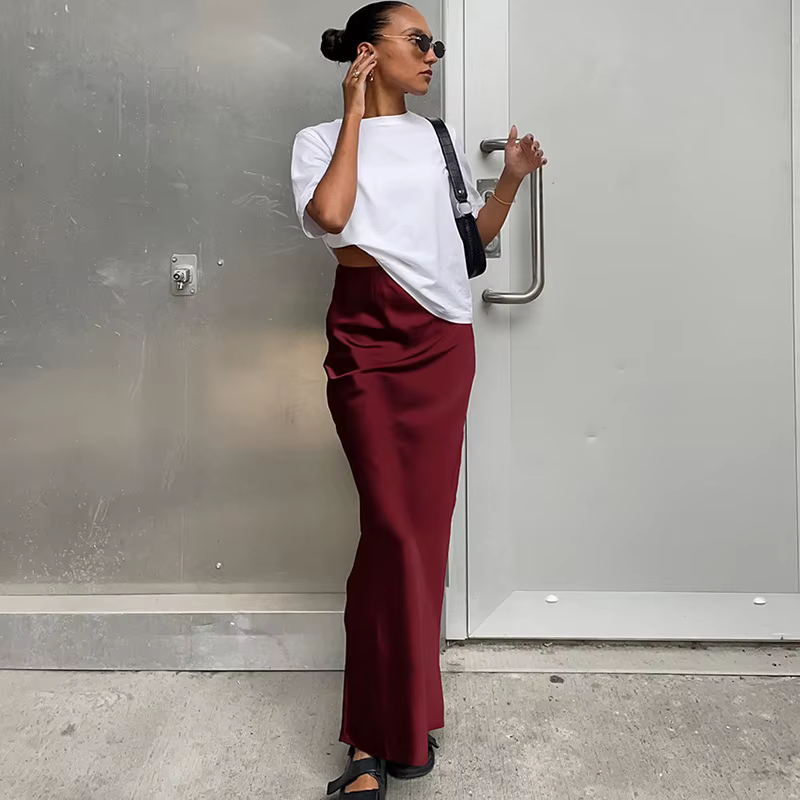 Jupe trompette élégante en satin noir pour femmes mode slim taille haute longueur cheville printemps été occasions professionnelles et sociales