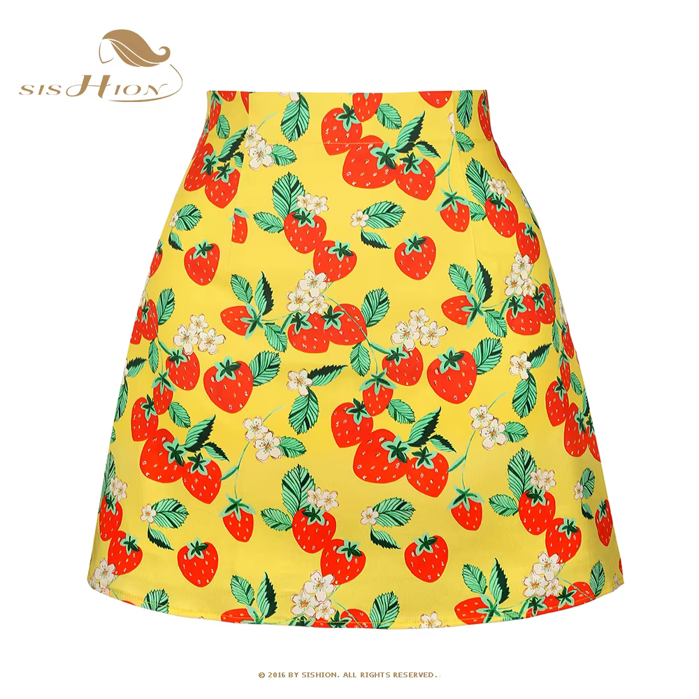Jupe jaune vintage imprimé fraises années 50 60 ligne A mini haute femme été mode 2025