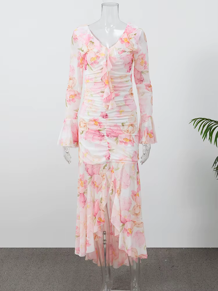 Robe longue élégante à imprimé floral pour femme, col en V, taille haute, en mousseline de soie, avec volants et fente, Vestidos 2026, Robes de soirée et de tous les jours pour femme