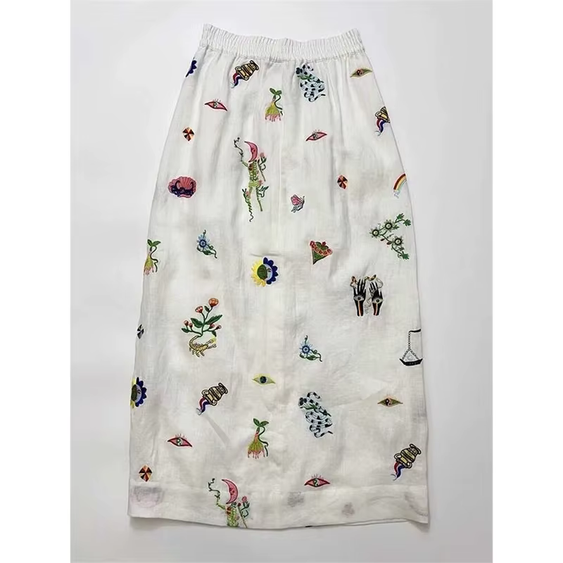 Jupe trapèze en lin doux beige pour femmes, décontractée, imprimée amusante, bouton avant, coupe trapèze, silhouette harmonieuse, été printemps, ajustement lâche, longueur mini, marque LDKVGSU